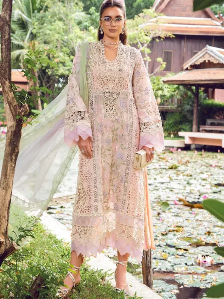 Discover Fabcollection’s peach unstitched dress material featuring embroidered lawn front and sleeves jaal, perfect for a sophisticated look.