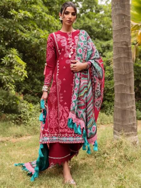 Explore Fabcollections' maroon unstitched Pakistani suit, featuring embroidered lawn panels and a digital silk dupatta.