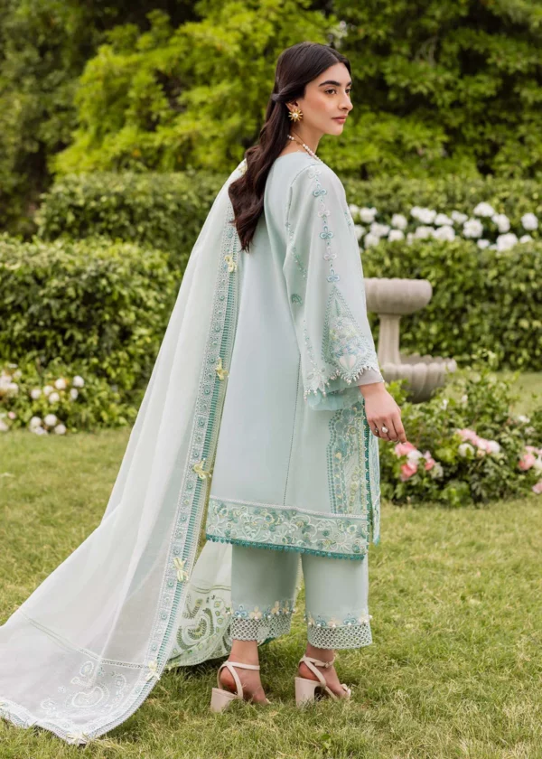 Discover Fabcollections' ice blue unstitched Pakistani suit, perfect for daily wear with embroidered lawn panels and khaddi net dupatta.