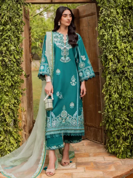 Discover Fabcollections' summer-ready emerald unstitched Pakistani suit, complete with elegantly falling florets on organza dupatta.