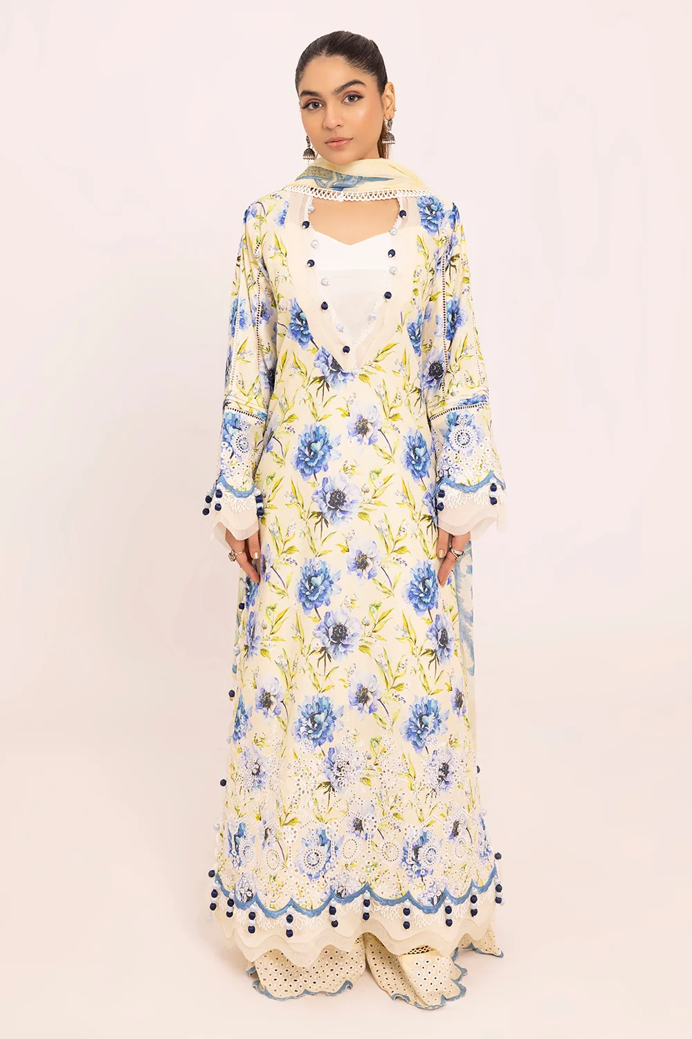 Lawn Suit with Embroidered Bottom and Pure Chiffon Dupatta with Border Laces - Image 2
