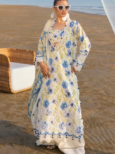 Lawn Suit with Embroidered Bottom and Pure Chiffon Dupatta with Border Laces