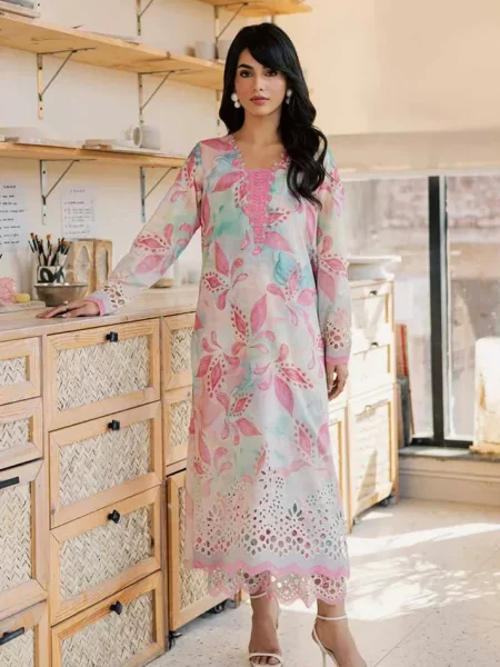 Nureh Ballerina Embroidered Lawn 2 Piece- White Pink Set
