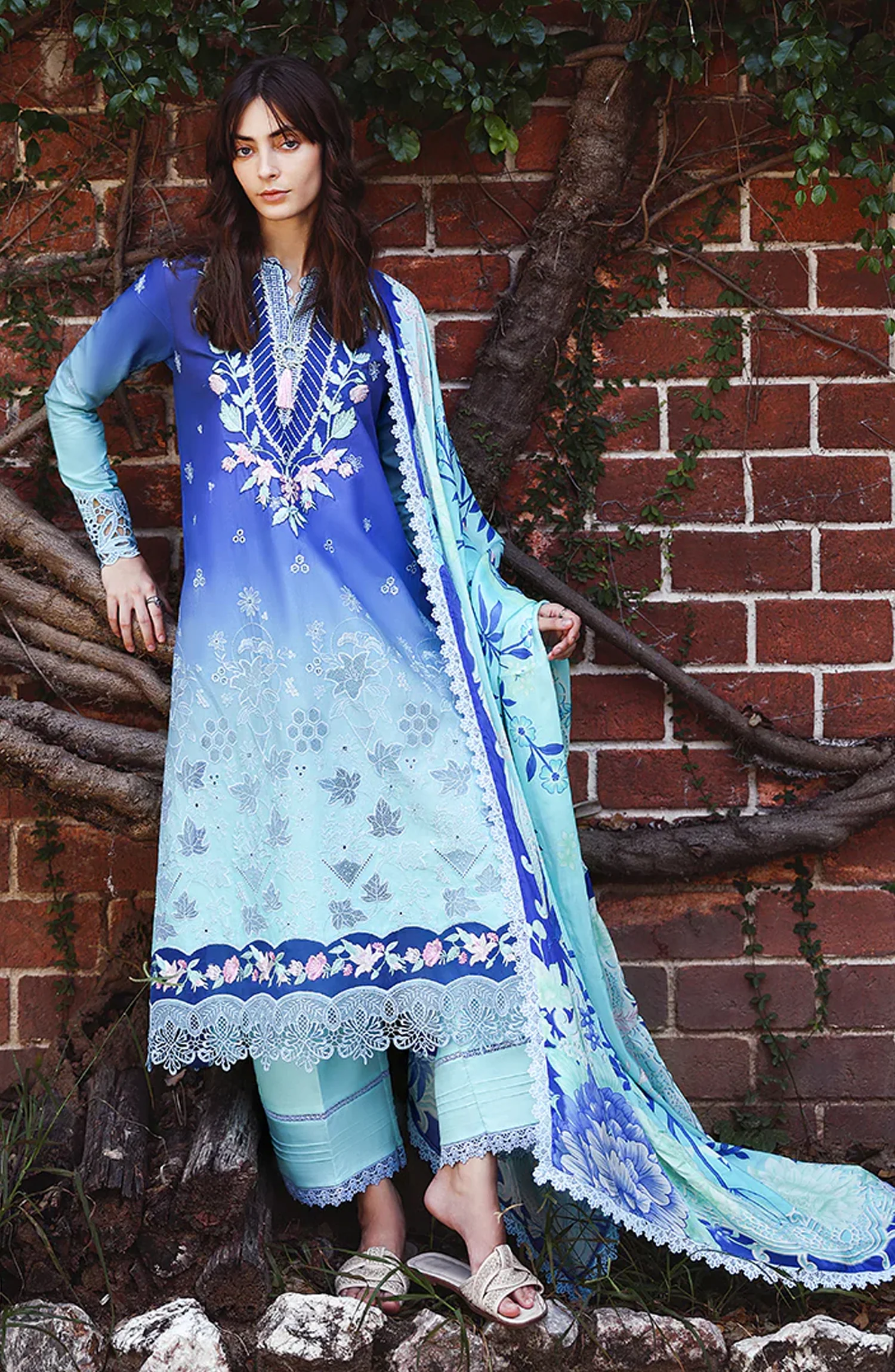 Mushq Solace Ombre Embroidered Lawn Unstitched 3 Piece Suit – Moonlit Ease – MQ26OMB – Ombre Blue – Summer Collection