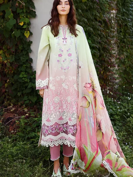 Mushq Solace Ombre Embroidered Lawn Unstitched 3 Piece Suit - Petal Pull - MQ26OMB - Pale off white and pink - Summer Collection