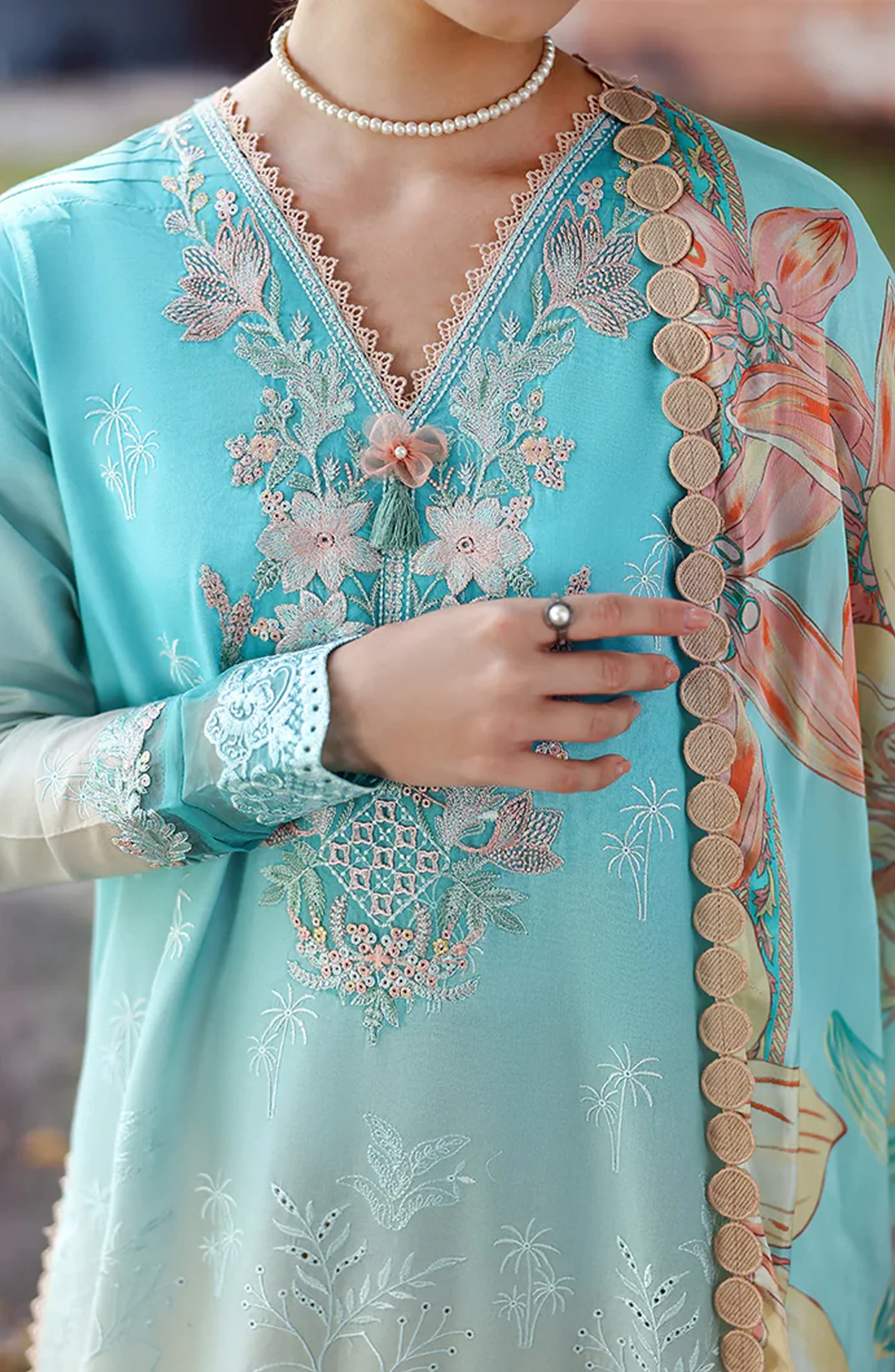 Mushq Solace Ombre Embroidered Lawn Unstitched 3 Piece Suit - Whispered Dawn - MQ26OMB - Blue and Pink - Summer Collection - Image 2