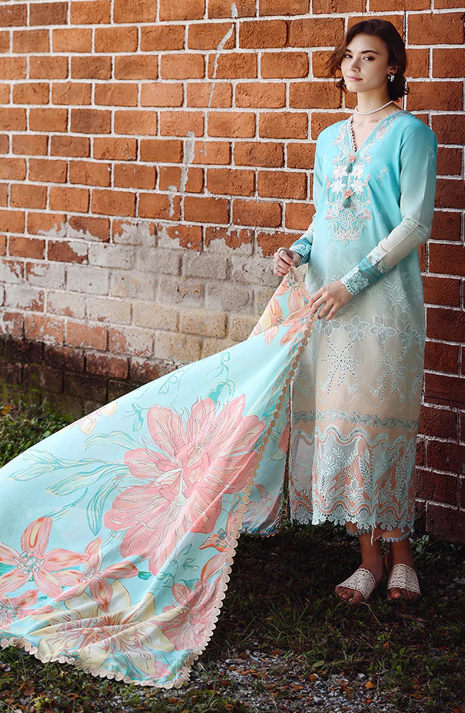 Mushq Solace Ombre Embroidered Lawn Unstitched 3 Piece Suit - Whispered Dawn - MQ26OMB - Blue and Pink - Summer Collection - Image 4
