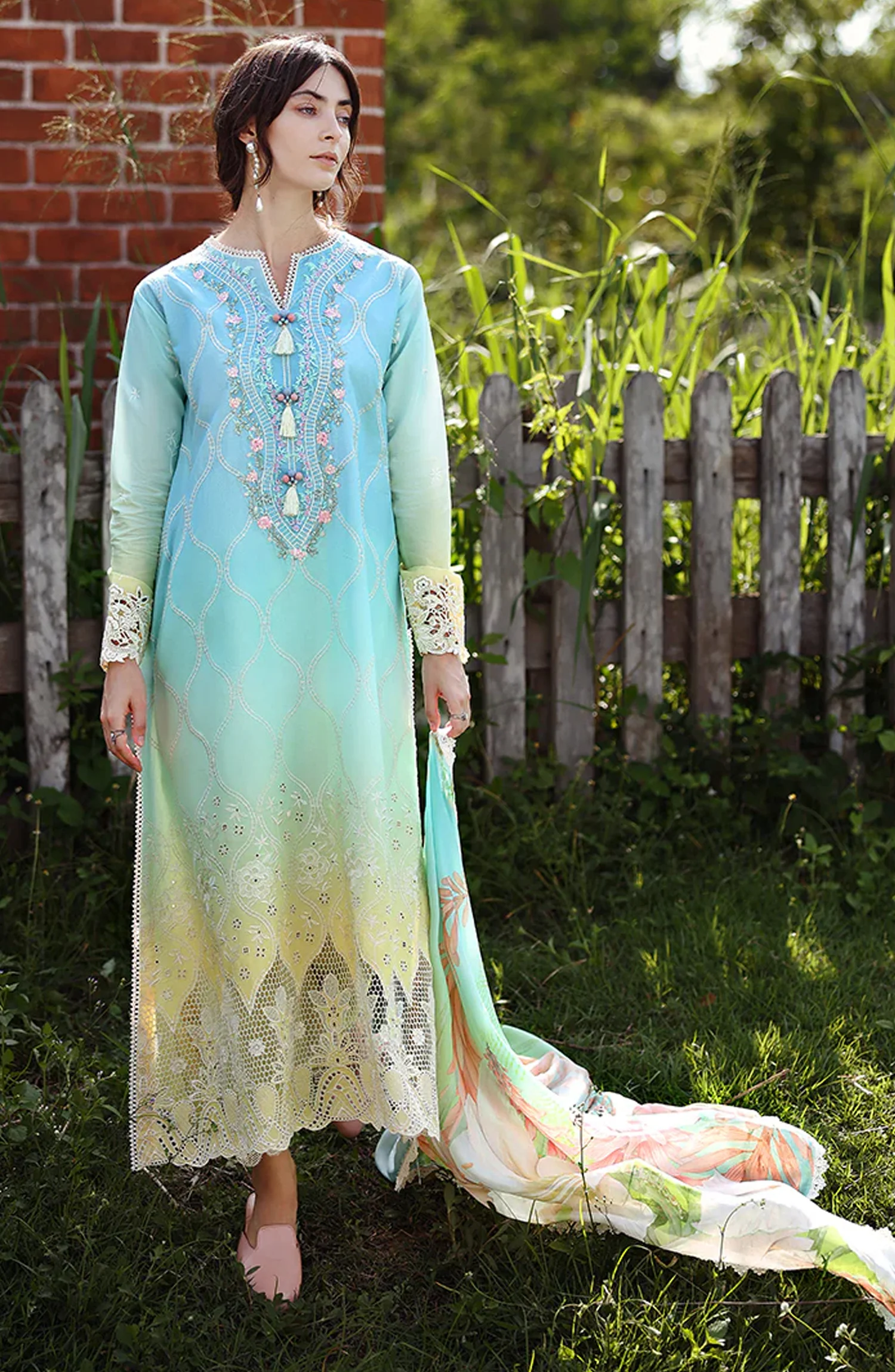 Mushq Solace Ombre Embroidered Lawn Unstitched 3 Piece Suit - Ethereal Pause - MQ26OMB - Blue and Yellow - Summer Collection - Image 2