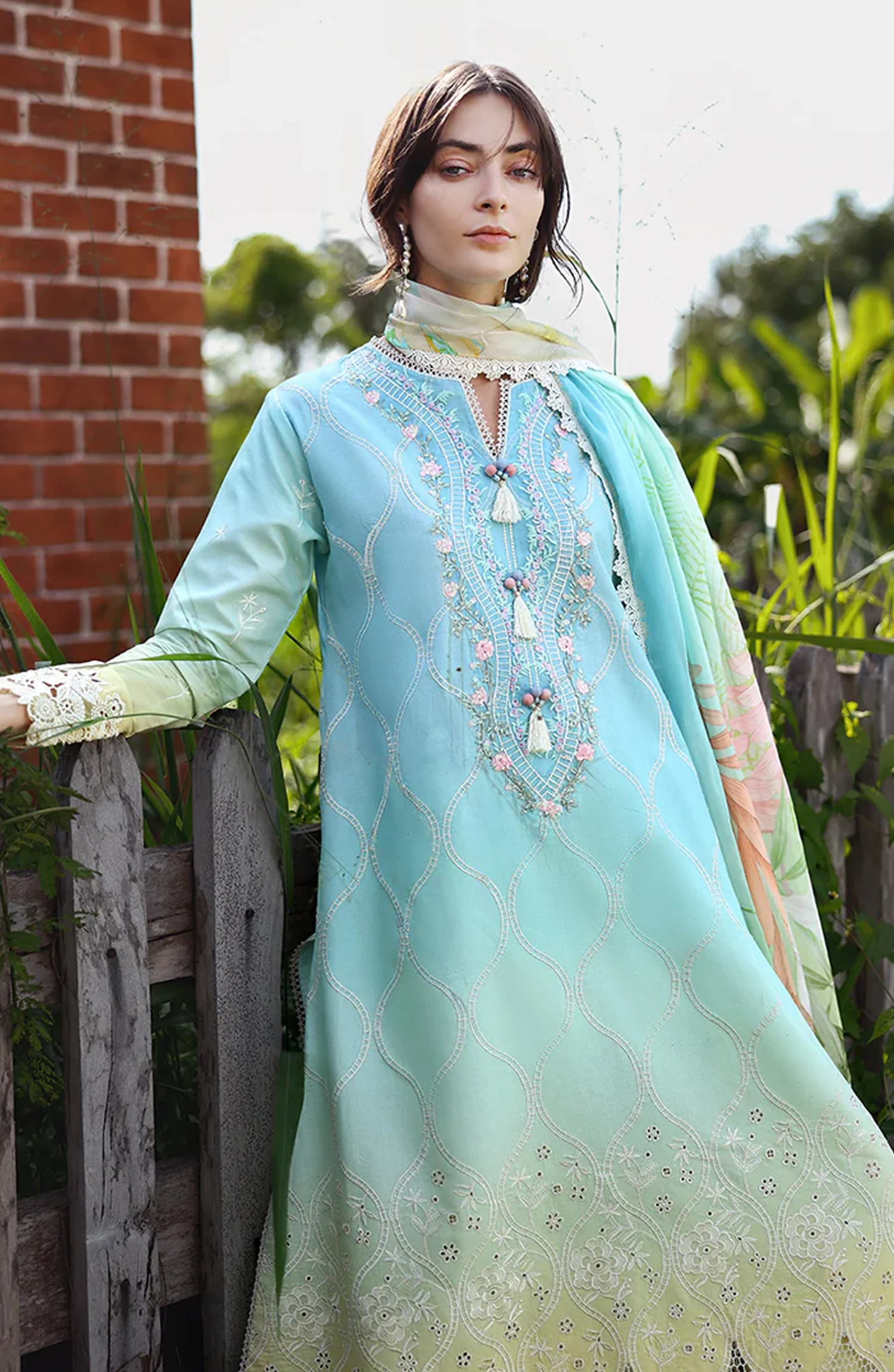 Mushq Solace Ombre Embroidered Lawn Unstitched 3 Piece Suit - Ethereal Pause - MQ26OMB - Blue and Yellow - Summer Collection - Image 4