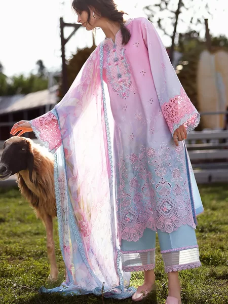 Mushq Solace Ombre Embroidered Lawn Unstitched 3 Piece Suit - Faint Blossom - MQ26OMB - Pink and Blue - Summer Collection