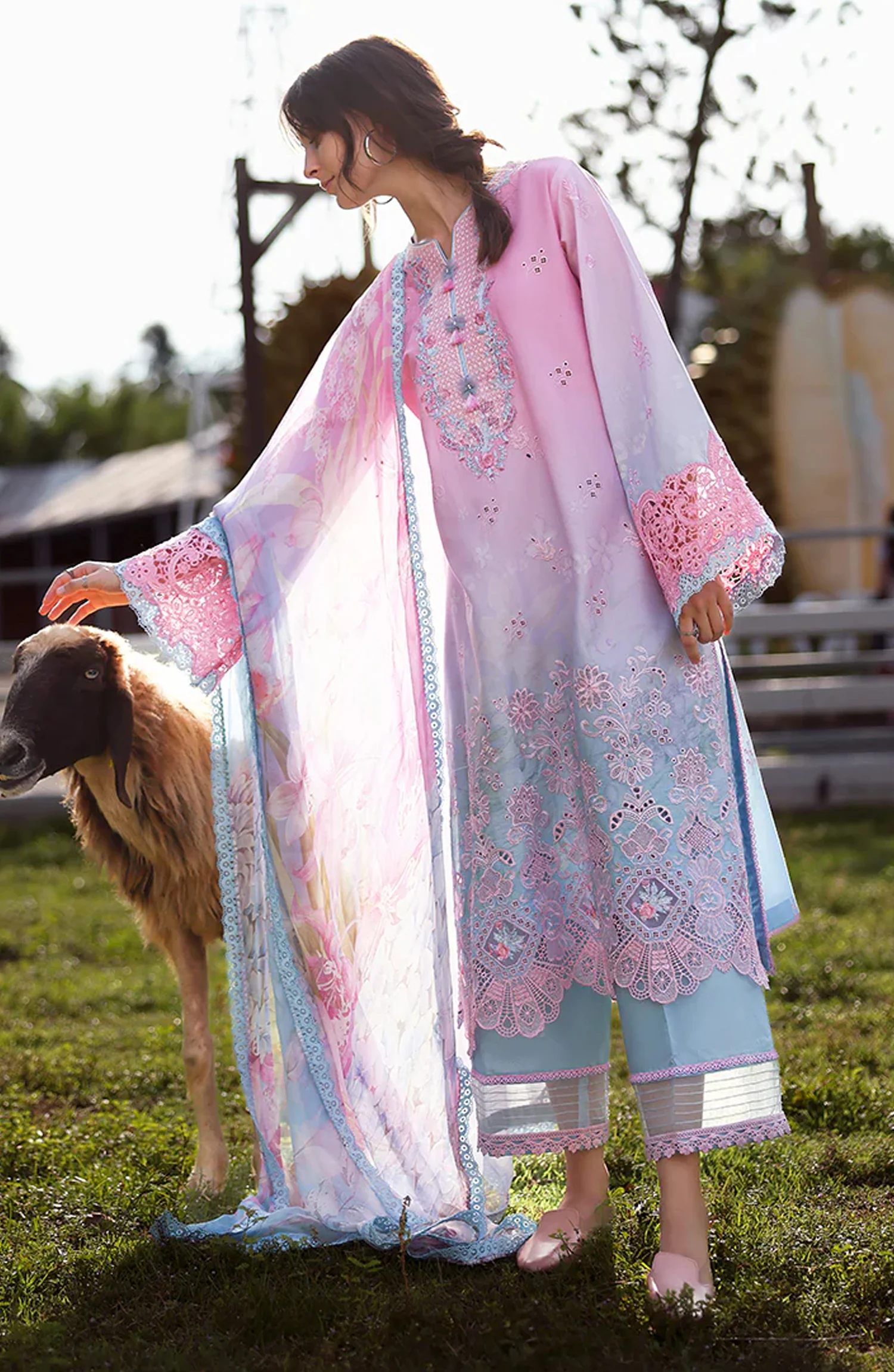 Mushq Solace Ombre Embroidered Lawn Unstitched 3 Piece Suit – Faint Blossom – MQ26OMB – Pink and Blue – Summer Collection