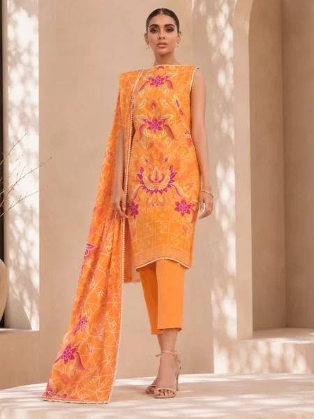 Al Karam Printed Unstitched 3 Pcs Lawn Suit Classic Orange