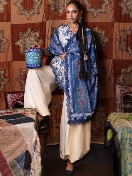 M Prints Maria B | Embroidered Irish Linen Suit – White & Blue (MPT-3108-A)