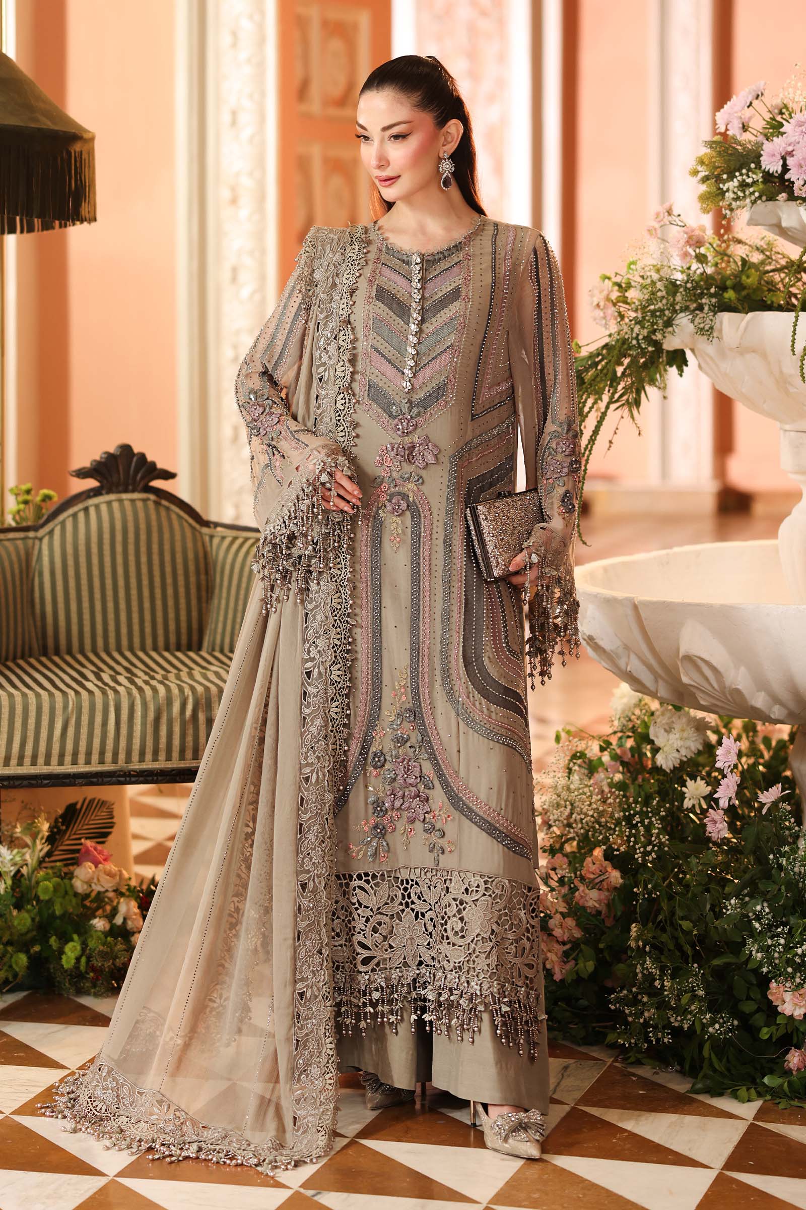 Maria B Chiffon Suit 3 Piece Unstitched Embroidered MPC-26-201-Antique Grey - Image 4