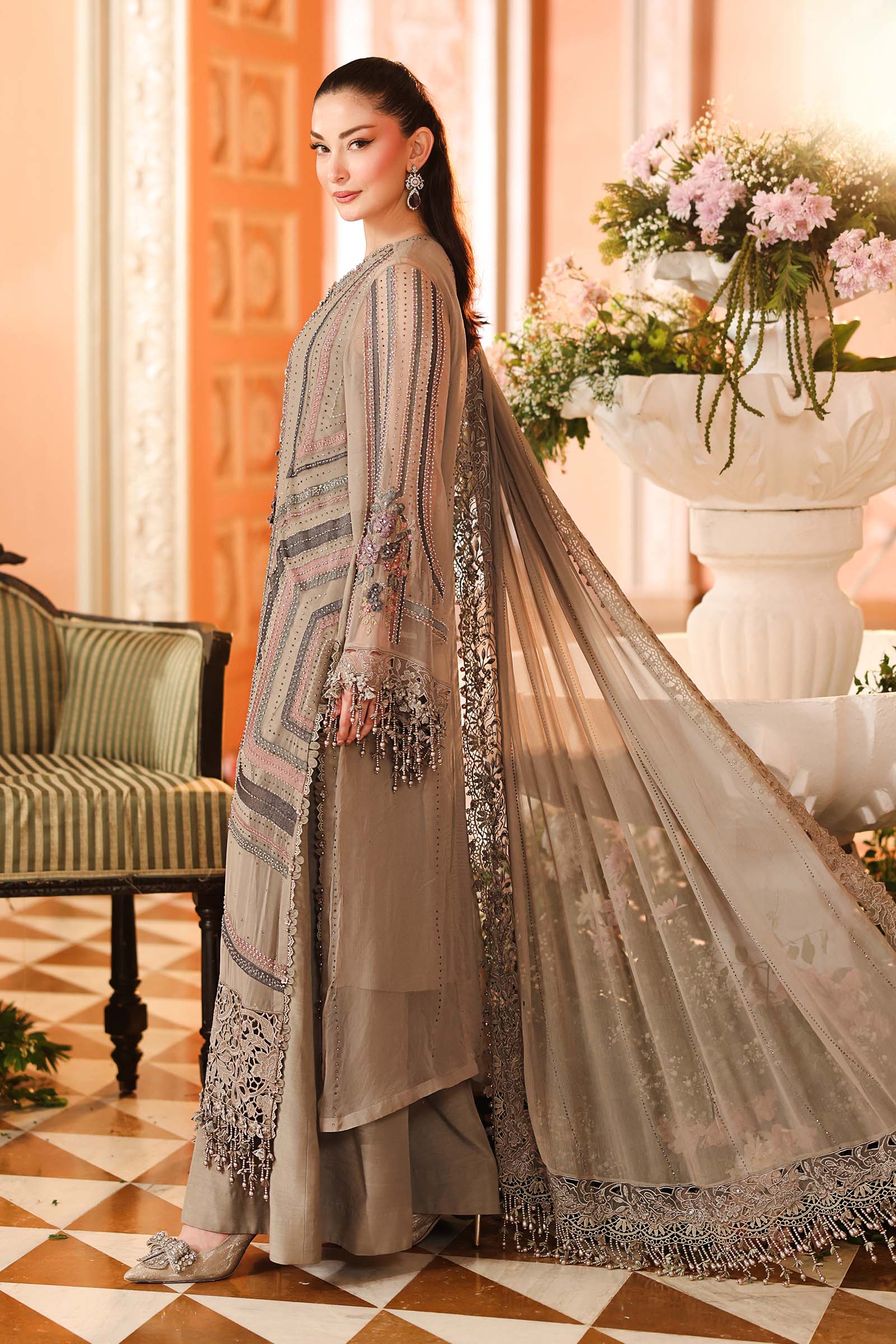 Maria B Chiffon Suit 3 Piece Unstitched Embroidered MPC-26-201-Antique Grey - Image 3